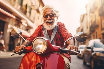 Fototapeta na wymiar Excited senior man riding red scooter in Italy, cheerful retired bearded hipster enjoying holiday, motorcycle road trip, trendy vacation lifestyle