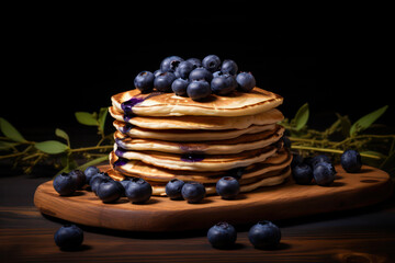 pancakes with blueberries on a wooden board on a black background