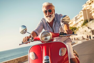 Fototapeta premium Excited senior man riding red scooter in Italy, cheerful retired bearded hipster enjoying holiday, motorcycle road trip, trendy vacation lifestyle