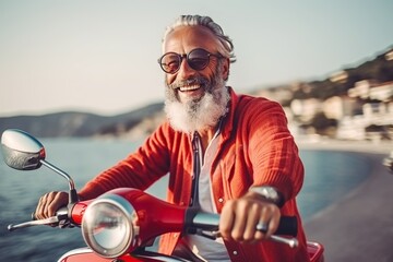 Excited senior man riding red scooter in Italy, cheerful retired bearded hipster enjoying holiday, motorcycle road trip, trendy vacation lifestyle