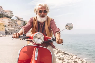 Selbstklebende Fototapeten Excited senior man riding red scooter in Italy, cheerful retired bearded hipster enjoying holiday, motorcycle road trip, trendy vacation lifestyle © iridescentstreet