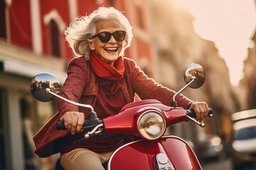 Cheerful senior woman riding red scooter in Italy, retired granny enjoying summer vacation, trendy bike road trip