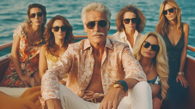 Wealthy senior man at luxury yacht party, oligarch lifestyle with glamorous women, billionaire summer cruise vacation