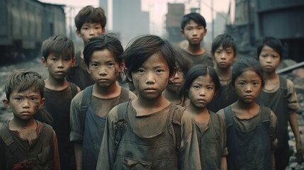 Fototapeta premium Group portrait of young asian children forced into labor, working in a dirty factory, facing poverty and abuse, concept of child slavery
