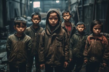 Fototapeta premium Group portrait of young asian children forced into labor, working in a dirty factory, facing poverty and abuse, concept of child slavery