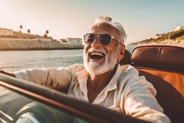 Fotobehang Happy bearded senior man enjoying summer road trip in Italy, luxury cabrio adventure, wealth and freedom lifestyle © iridescentstreet