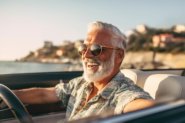 Happy bearded senior man enjoying summer road trip in Italy, luxury cabrio adventure, wealth and freedom lifestyle - obrazy, fototapety, plakaty