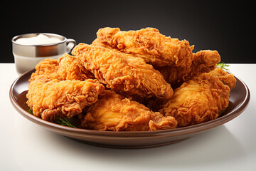 Golden delight on a plate, Isolated fried chicken, perfectly browned on white  Generative AI