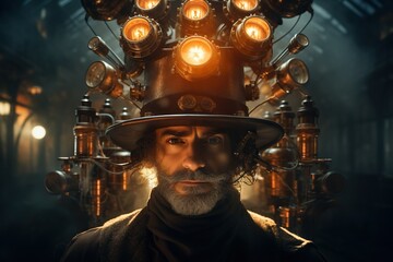Portrait of steampunk character wearing vintage made of gears cylinder hat