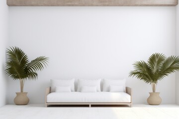 Modern interior of white lounge room with beautiful houseplants.