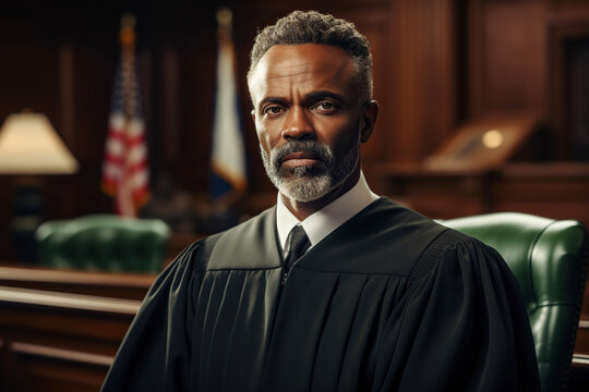 Portrait of a senior African American judge in robe, presiding over a trial in courtroom, handsome bearded man ensuring justice