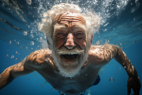 Active senior man swimming underwater with a close-up of his face