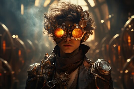 Portrait of handsome steampunk character wearing glasses