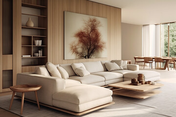 Elegant japandi living room interior with cozy beige couch, wooden table, brown wood style, modern design, luxury furniture in apartment
