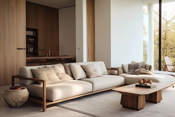 Fototapeta na wymiar Elegant japandi living room interior with cozy beige couch, wooden table, brown wood style, modern design, luxury furniture in apartment