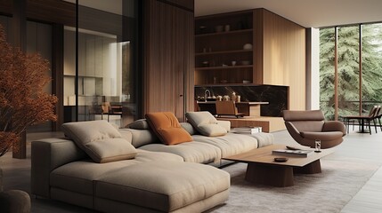 Fototapeta premium Cozy japandi home interior with beige sofa in living room