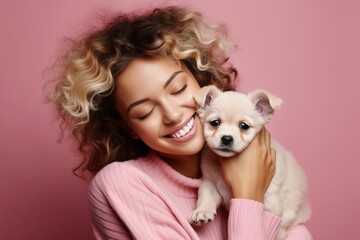 Happy young woman with curly hair hugging cute puppy, smiling as pet owner holding dog with love and care in studio, isolated on pink background