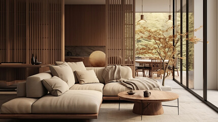 Elegant japandi living room interior with cozy beige couch, wooden table, brown wood style, modern design, luxury furniture in apartment