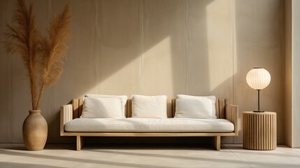 Cozy beige interior of living room with couch, Japandi style, wooden aesthetic, modern decor, lamp, sunlight through window in morning