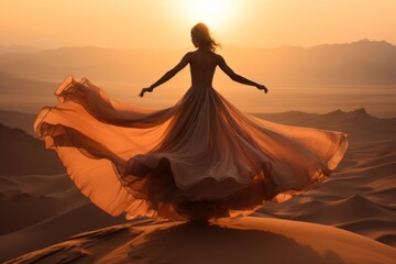 Fototapeta na wymiar An unrecognizable woman in a beautiful fashionable dress is standing in the desert. Luxury fashion concept. 