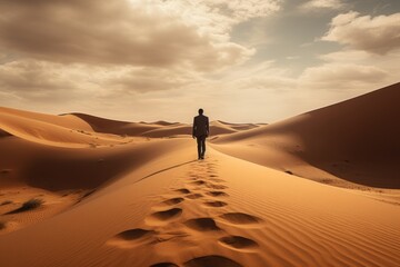 Fototapeta na wymiar An unrecognizable man in a business suit walks through the sandy desert. Path to success and obstacles. 