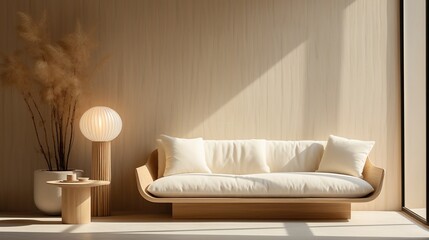 Cozy beige interior of living room with couch, Japandi style, wooden aesthetic, modern decor, lamp, sunlight through window in morning