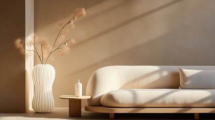 Elegant beige living room with cozy couch, wooden decor in Japandi style, modern interior, concrete wall, sunlight through window in the morning