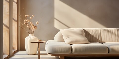 Elegant beige living room with cozy couch, wooden decor in Japandi style, modern interior, concrete wall, sunlight through window in the morning