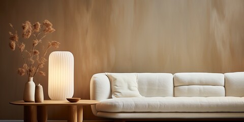 Cozy beige interior of living room with couch, Japandi style, wooden aesthetic, modern decor, lamp, sunlight through window in morning