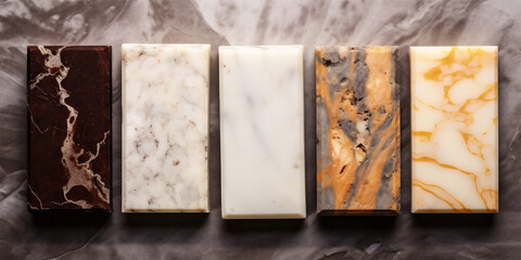 Different natural handmade soap bars on marble table, ai generated
