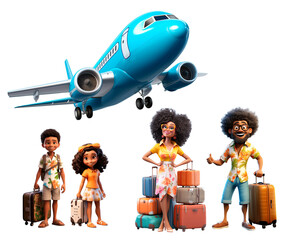 Happy African American family ready for vacations. 3D cartoon characters holding luggage with summer outfit and airplane flying. Isolated transparent background