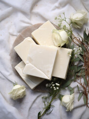 Fototapeta na wymiar Natural handmade soap bars with white roses, spa organic product, ai generated