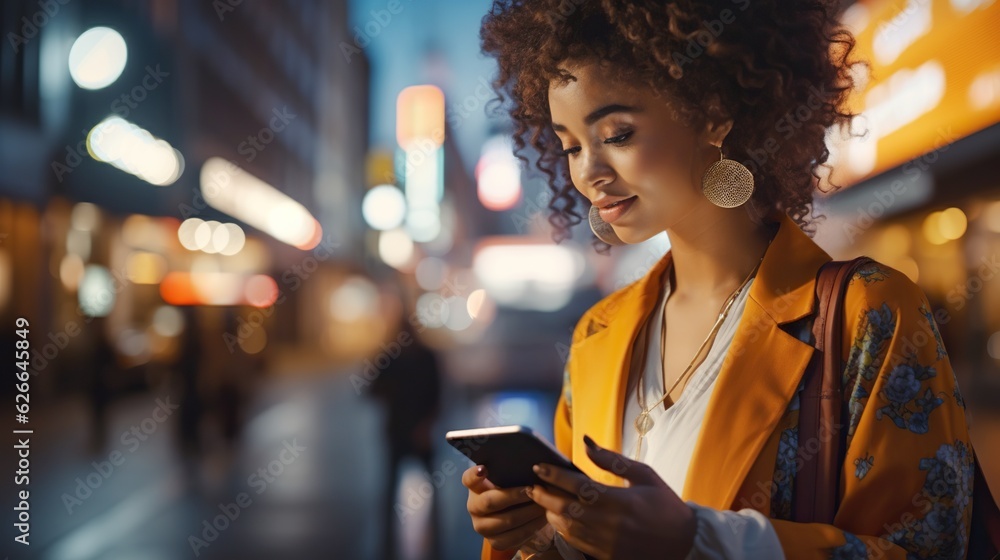 Wall mural night city scene, woman using mobile app on the phone under neon lights of street