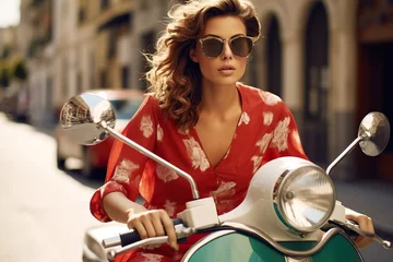 Photo sur Plexiglas Scooter Young woman riding a vintage red scooter in the city streets of Italy, travel, summer vacation
