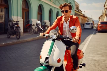 Rollo Young man riding a vintage red scooter in the city streets of Italy, travel, summer vacation © iridescentstreet