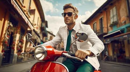 Young man riding a vintage red scooter in the city streets of Italy, travel, summer vacation