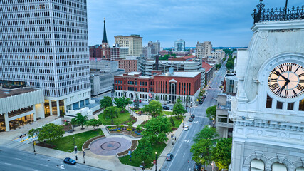 Clocktower sunset sunrise aerial with green courtyard downtown skyscrapers Louisville KY