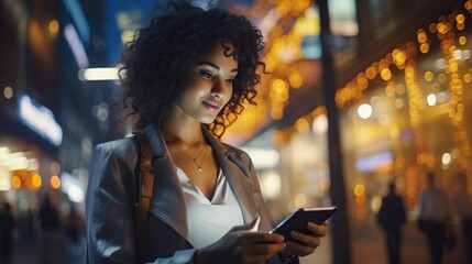 Night city scene, woman using mobile app on the phone under neon lights of street - obrazy, fototapety, plakaty