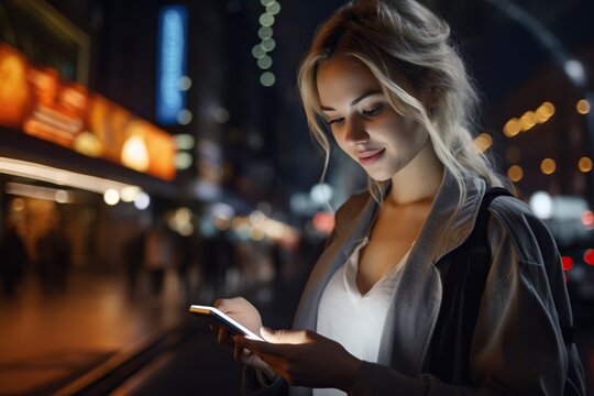 Night City Scene, Woman Using Mobile App On The Phone Under Neon Lights Of Street