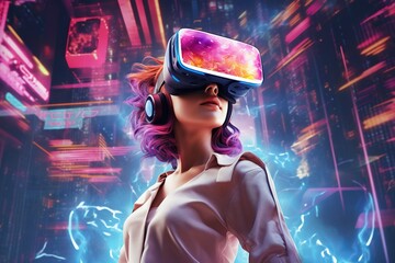 Virtual reality female gamer in futuristic metaverse city, 3d avatar of woman wearing VR headset in neon augmented reality cyberspace - obrazy, fototapety, plakaty