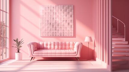 Fototapeta premium Modern living room with pink monochrome design, close-up of luxury couch, elegant decor