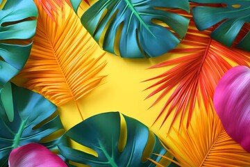 Tropical background with green monstera leaves and Summer palm leaves in vivid colorful neon colors, flat lay of seamless pattern. Generative AI.