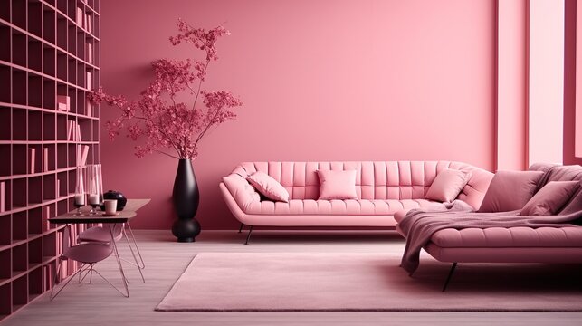 Modern living room with pink monochrome design, close-up of luxury couch, elegant decor