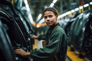 Engineer worker in automotive factory, car manufacturing process, assembly line production, technician at automobile frame on futuristic conveyor, auto industry technology