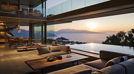 Obraz premium Luxury home with modern pool at sunrise, contemporary villa architecture, resort style hotel with beautiful interior and exterior design, backyard view, summer vacation and real estate concept