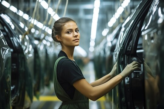 Female engineer worker in automotive factory, car manufacturing process, assembly line production, woman technician at conveyor, auto industry technology