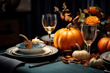 Fototapeta na wymiar Modern table setting for fall holidays, thanksgiving, halloween, wedding with pumpkins and autumn leaves