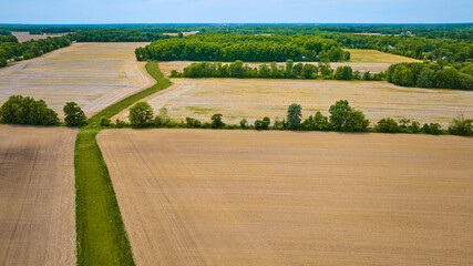 Sky view of barren farmland with no crops and a green river of grass leading to a patch of forest