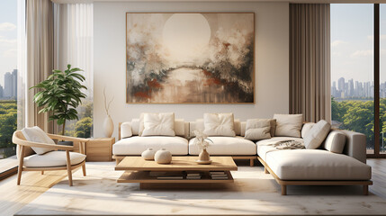 Stylish Living Room Interior with a Frame Poster Mockup, Modern Interior Design, 3D Render, 3D Illustration