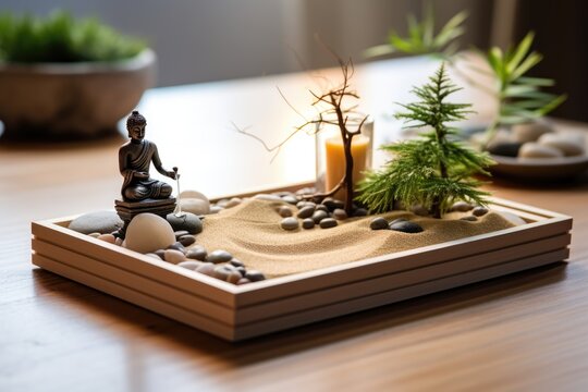 Zen garden with stones, plants, sand. Spa therapie and meditation concept